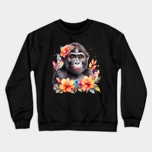 A gorilla decorated with beautiful watercolor flowers Crewneck Sweatshirt